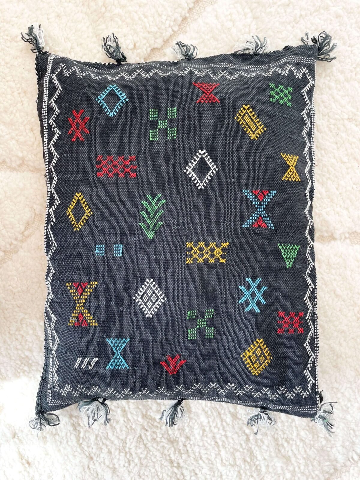 Coussin Berbère Noir Motifs Colorés | 55x40 cm