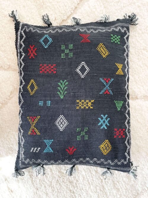 Coussin Berbère Noir Motifs Colorés | 55x40 cm