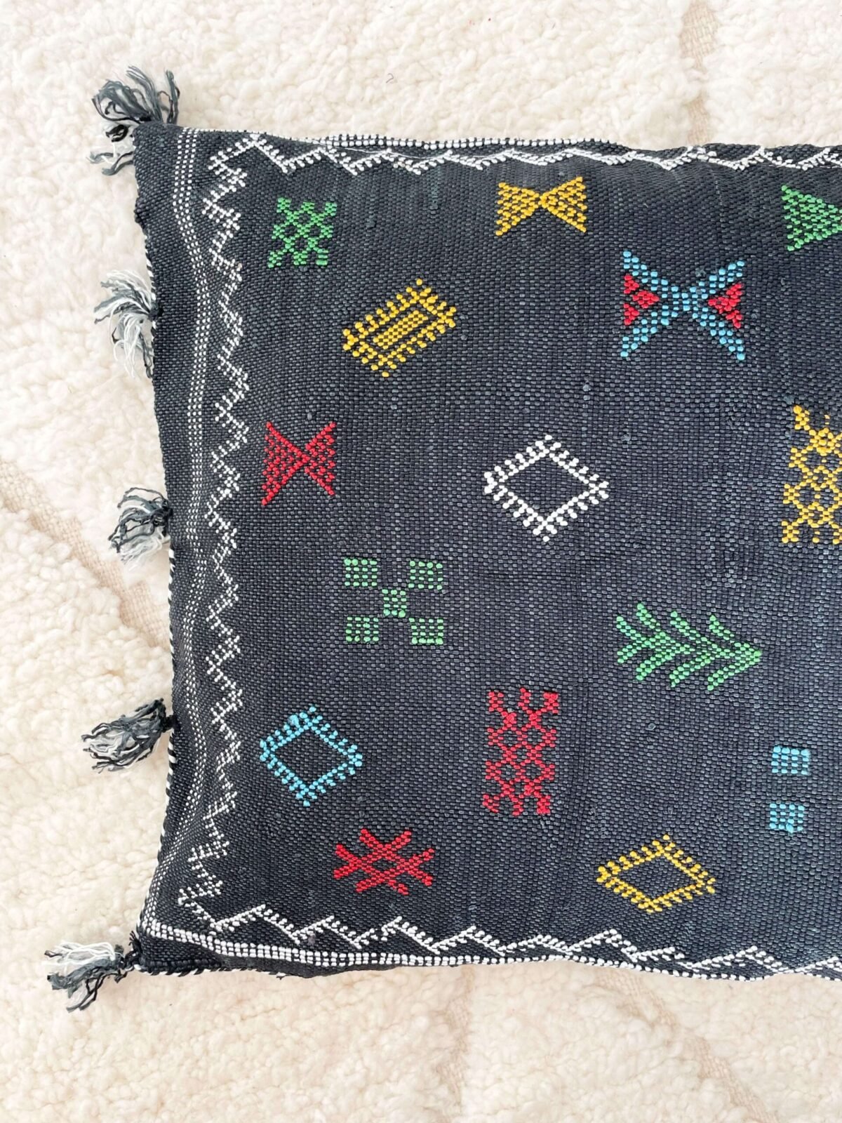 Coussin Berbère Noir Motifs Colorés | 55x40 cm