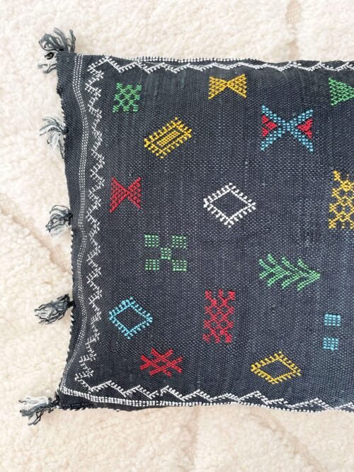 Coussin Berbère Noir Motifs Colorés | 55x40 cm