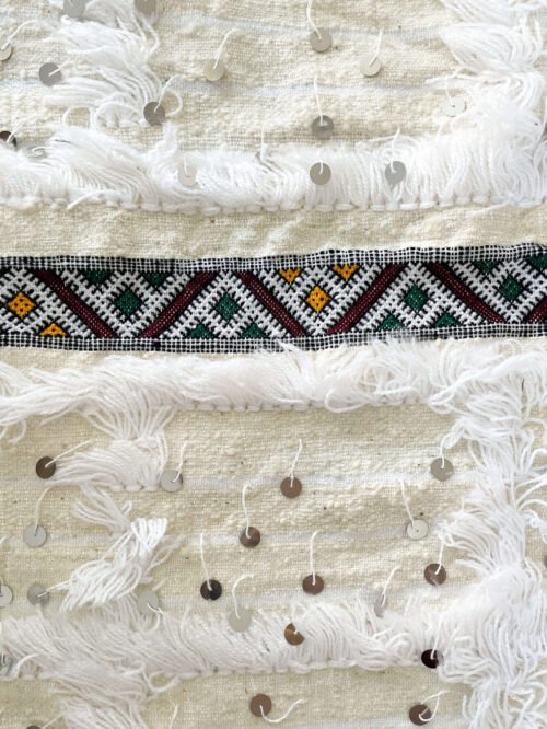 Charmante Couverture Berbère Blanche | Laine & Sequins | 120x95 cm