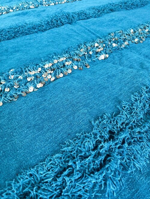 Élégante Couverture Berbère Bleue | Laine & Sequins | 224x132 cm