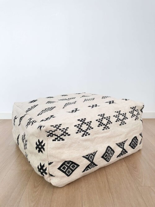 Pouf Laine Noir et Blanc Berbère Élégant | 66x66x28cm | Fait Main