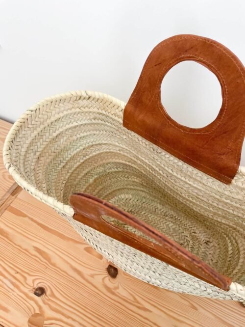Panier Osier Ania Cuir Véritable | Grand Format 52x35x20cm | Fait Main