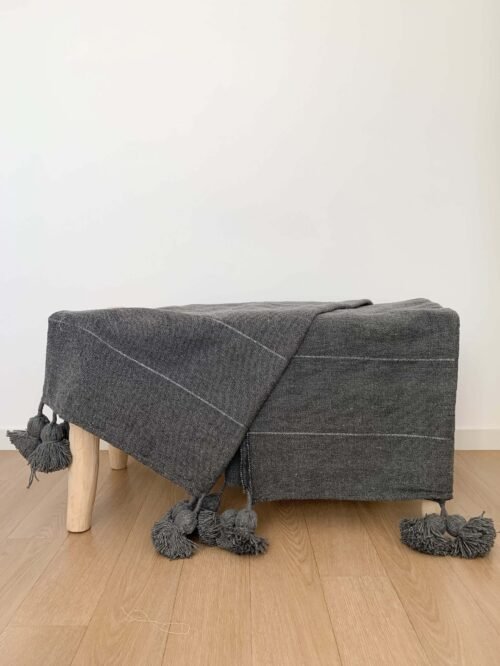 Plaid à Pompons Écru Rayé Gris Foncé | 180x300 cm