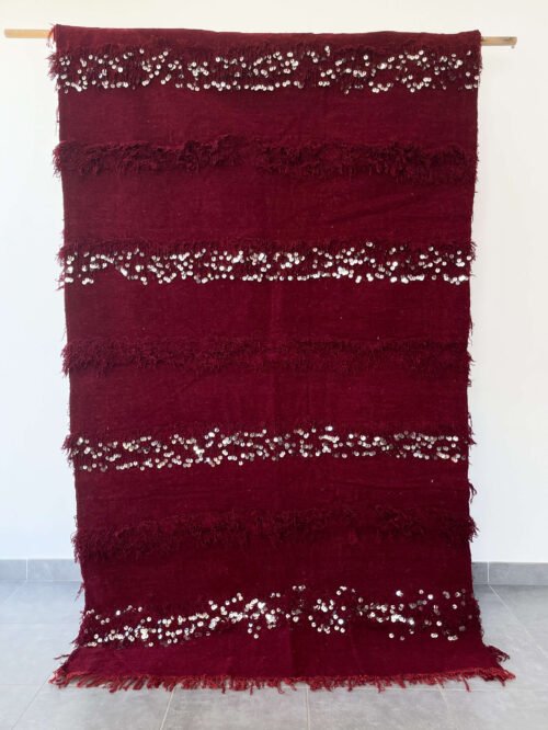 Couverture de Lit Berbère | 218x124 cm | Laine et Sequins | Bordeaux