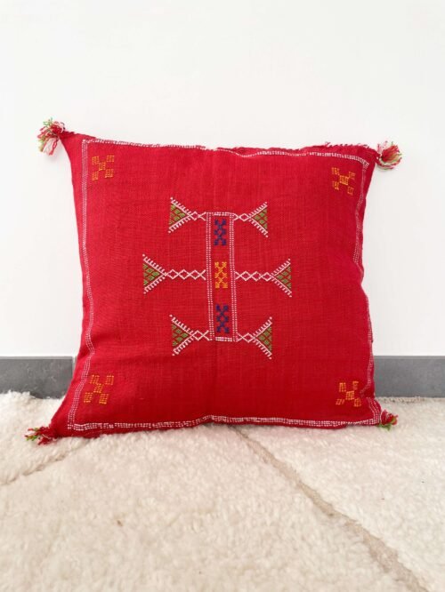 Coussin Sabra Rouge Berbère en Fibres Végétales | 46x42 cm