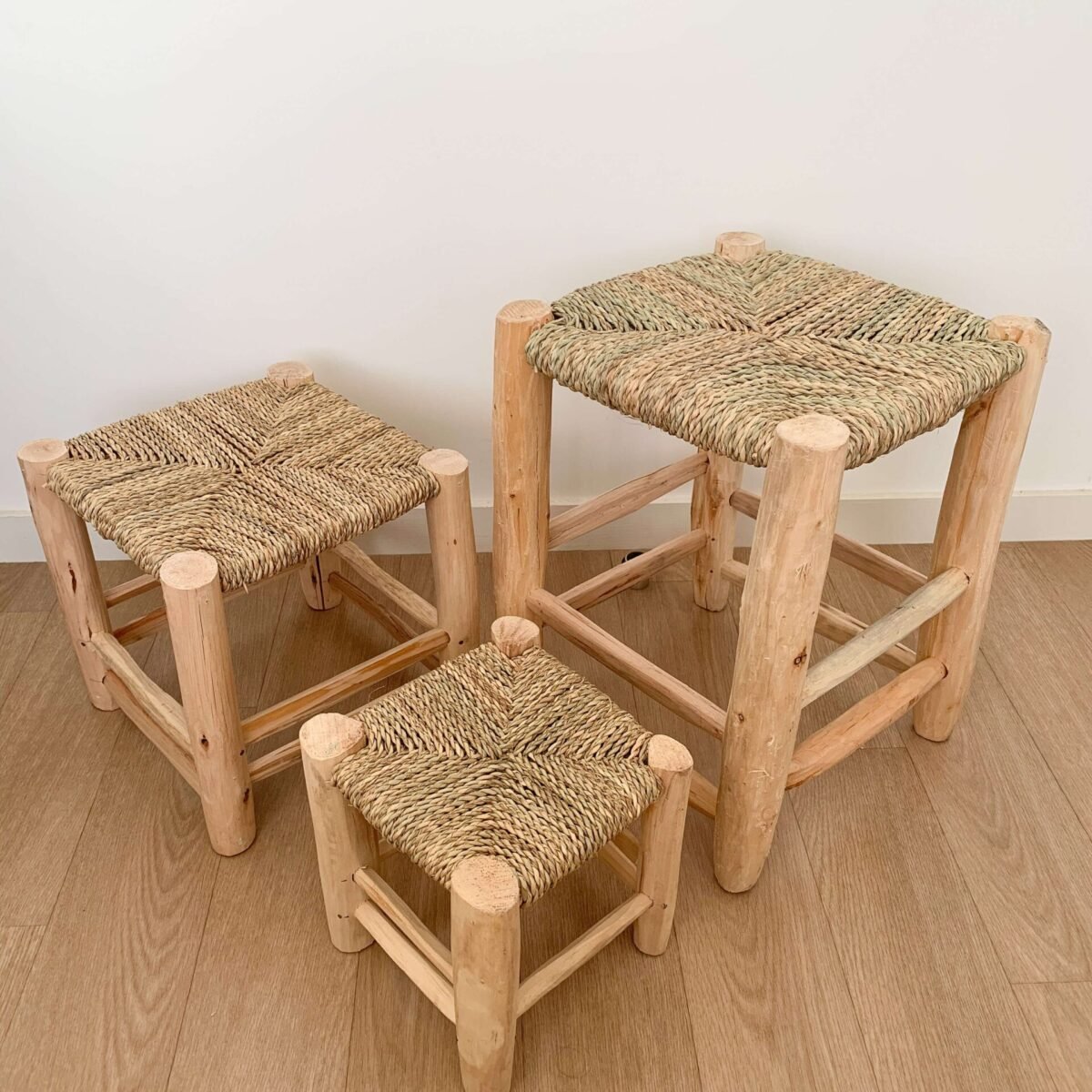 Tabouret Beldi Bois & Osier | Artisanat Marocain | Tailles S, M, L